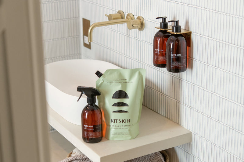 Step by step bathroom cleaning process with our Kit & Kin plant-based eco bathroom cleaning range