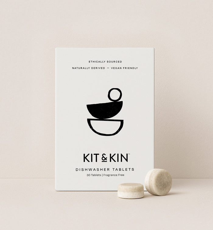Kit & Kin non-toxic dishwasher tablets for natural, plant-based cleaning. Leaves plates and dishes sparkling.