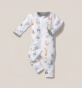A Kit & Kin alphabet print baby all-in-one made from GOTS-certified organic cotton, designed for newborn comfort and unisex gifting.