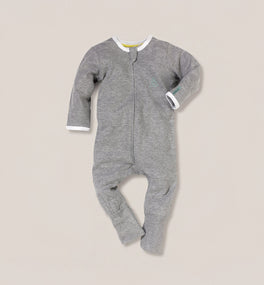 A Kit & Kin grey baby all-in-one made from GOTS-certified organic cotton, designed for soft newborn comfort and everyday unisex wear.
