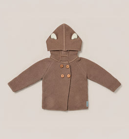 A brown Kit & Kin bear baby cardigan crafted from GOTS-certified organic cotton, designed for newborn comfort and perfect for baby shower gifting. 