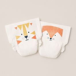 Two Kit & Kin nappies with lion and fox prints