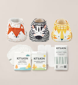 Kit & Kin reusable nappies starter kit, with cloth nappy boosters, reusable baby wipes and nappy liners