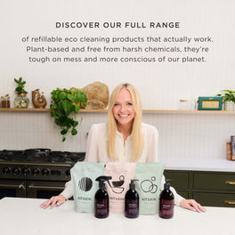 Emma Bunton with Kit & Kin laundry detergent and full eco cleaning range, refillable and plant-based, eco-friendly cleaning for family homes