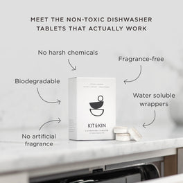 Non-toxic dishwasher tablets made with plant-based, naturally derived ingredients that cut through grease and grime.