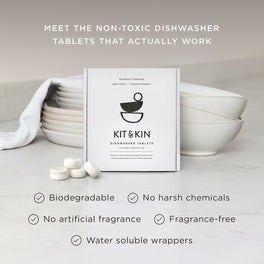 Non-toxic dishwasher tablets made with plant-based, naturally derived ingredients that cut through grease and grime.